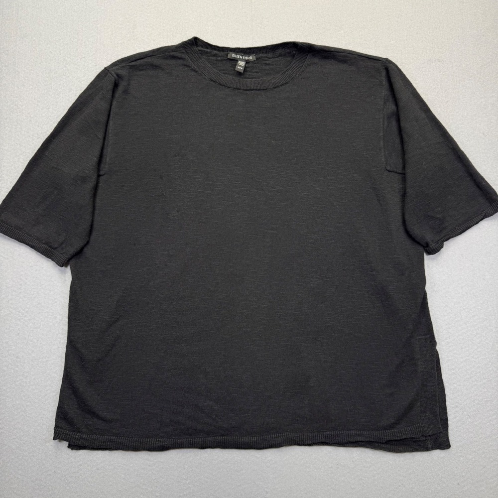 Eileen Fisher Black Organic Linen Cotton Boxy Short Sleeve Knit Top Womens XS